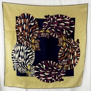 1960-70s Tiger Cats Scarf Mirsa Italy Square Kitty Kats Beige Blue Purple Cat